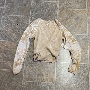 Anthropologie Beige Lace Sleeve Sweater